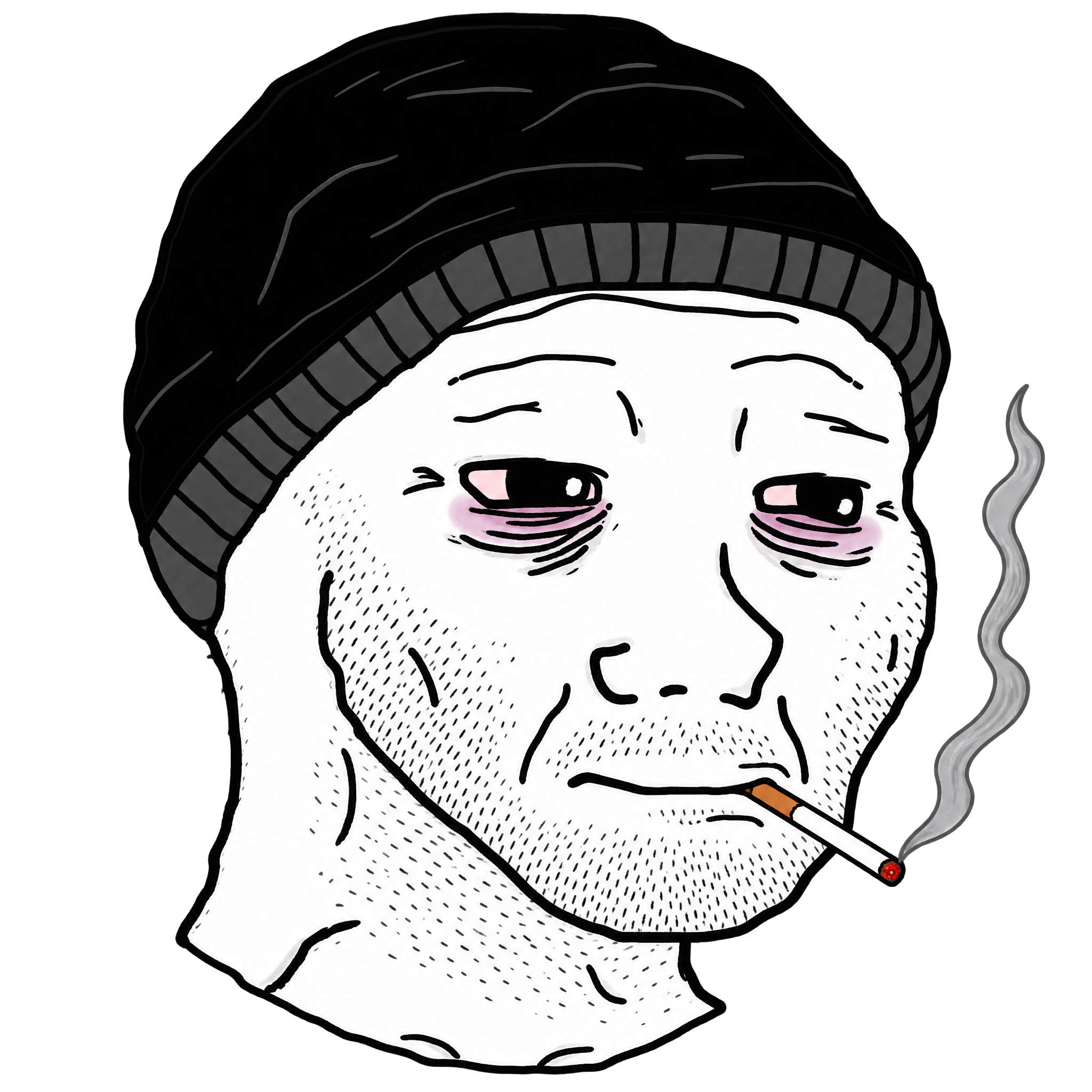 Doomer wojak in a black beanie and hoodie, smoking a cigarette